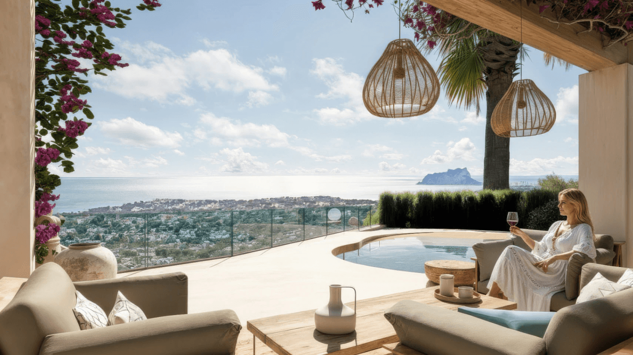 Villa exclusive de style Ibiza avec vue panoramique sur la mer et les montagnes à Moraira