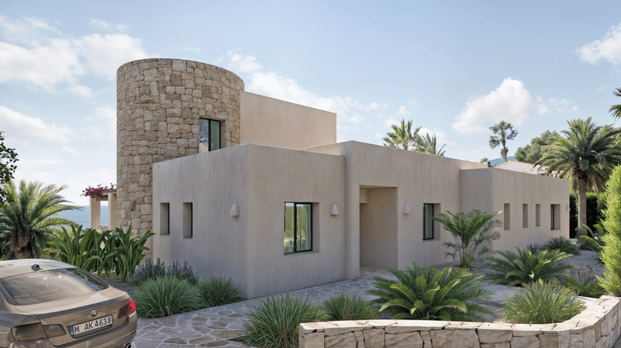 Exclusive Ibiza-style villa with panoramic sea and mountain views in Moraira
