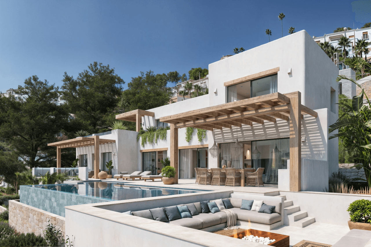 Exclusive Ibiza-style new build villa in Benissa with panoramic views and luxury amenities.