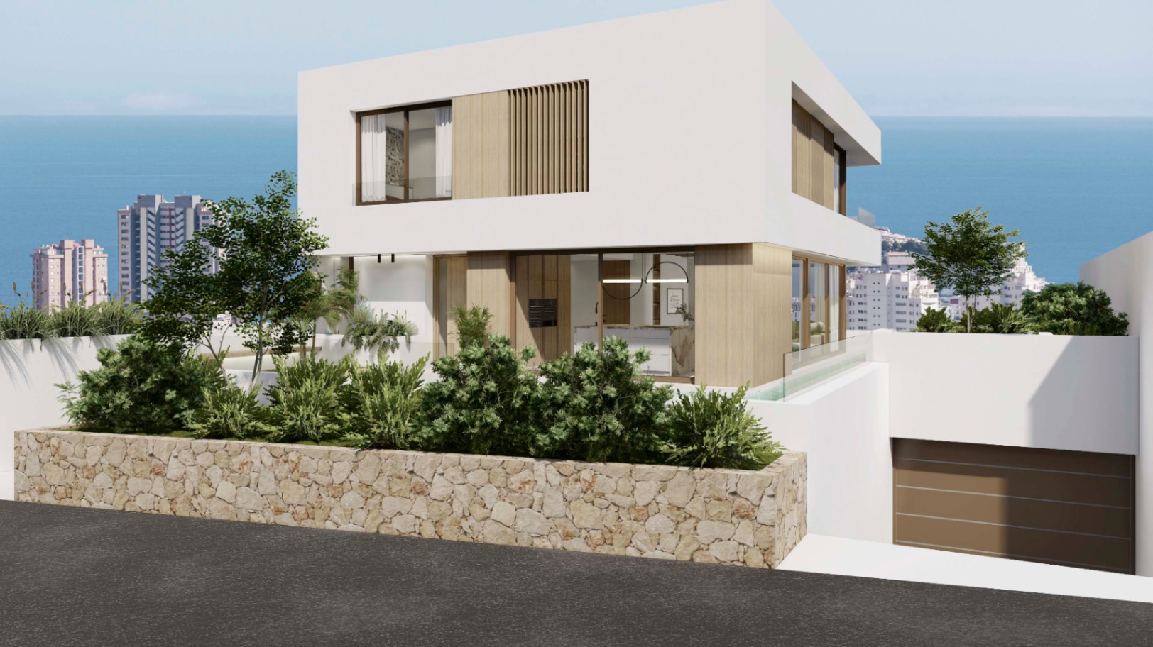Nieuwbouw moderne villa met uitzicht op de zee en de skyline van Benidorm in Finestrat