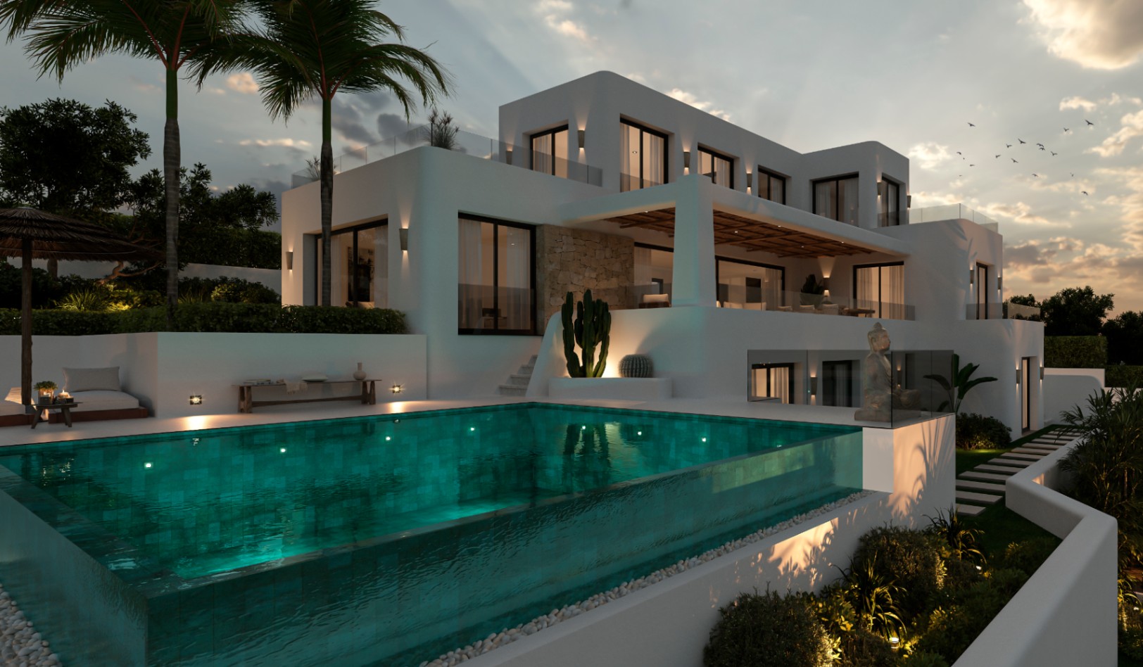 Nieuwbouw villa in Ibiza-stijl te koop in Monte Solana Pedreguer, Costa Blanca