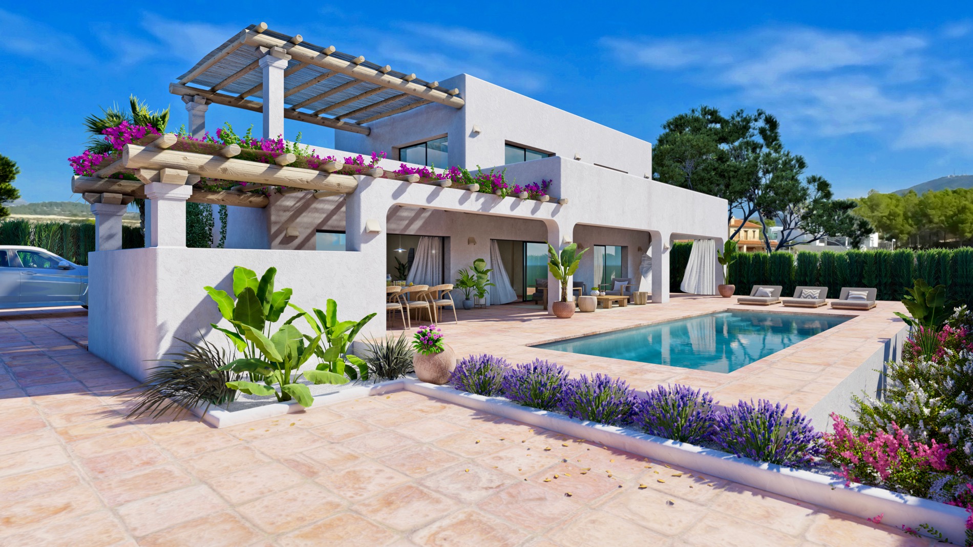 Villa de style Ibiza avec vue sur la mer à Camarrocha Moraira